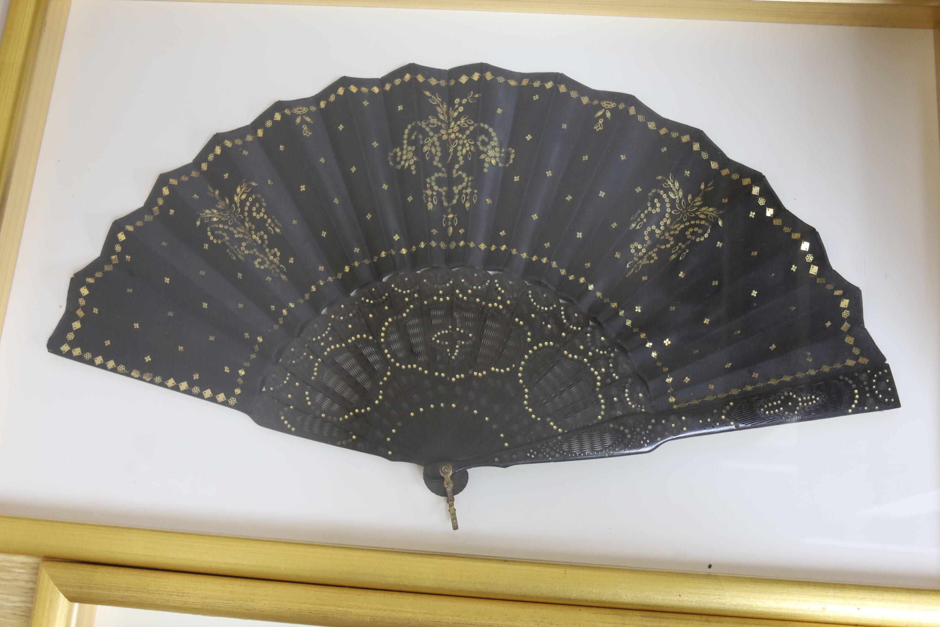 Three 19th century black sequin mounted fans, One hand painted, largest case 38.5 x 60.5 cm